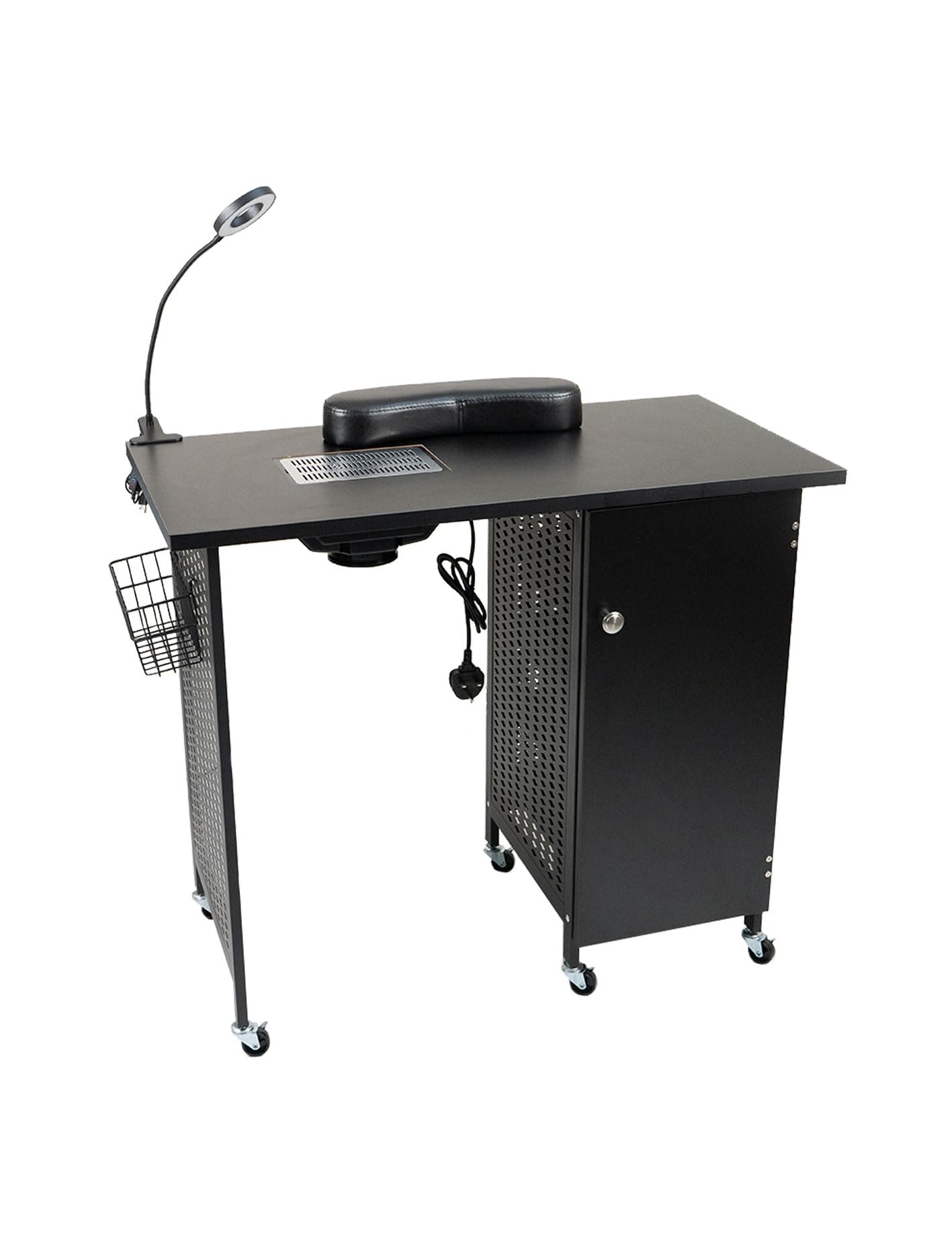 Manicure Nail Desk Table, Nail Beauty Salon Workstation with Dust Collector,4 Drawers Cabinet with Key,Lockable Casters,Side Basket,Clip-On LED Lamp,Wrist Rest,Steel Frame Nail Table, Black