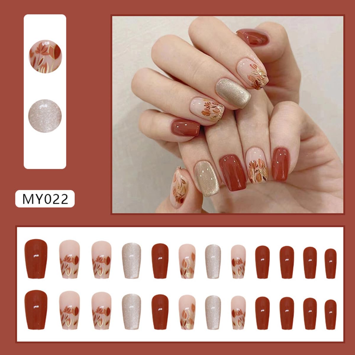 24Pcs Autumn Leaves Press on Nails Medium Coffin Fake Nails Full Cover Glossy Glue on Nails with Designs Acrylic False Nails Fall Floral Stick on Nails for Women Autumn Winter Nail Art Decoration