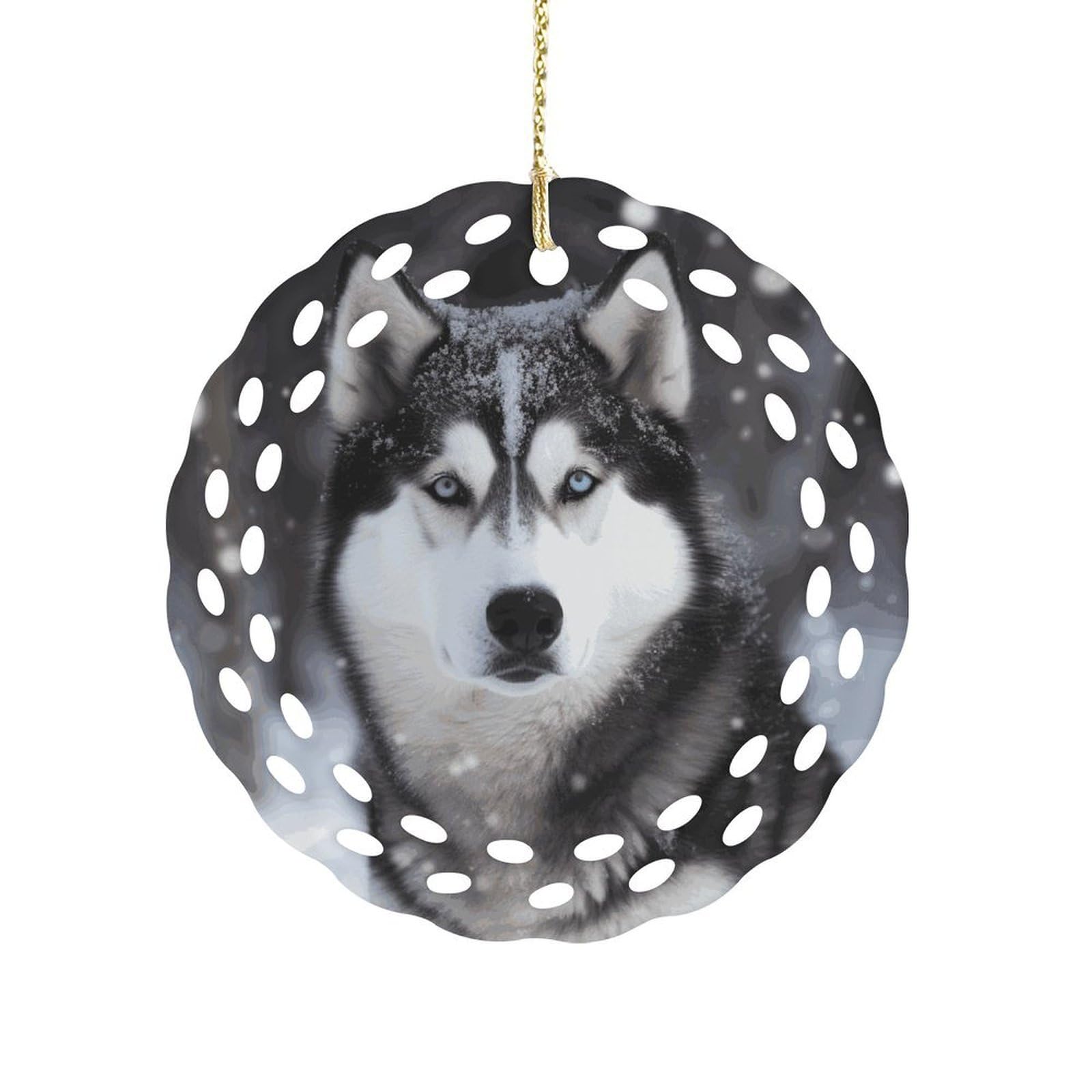 Btcowzrv Style Husky In Snow Dog Ceramic Ornament,Round Ornaments With Hole Easy To Hang,Hanging Ornament For Wedding Party Home Window Garden Christmas Day Decor