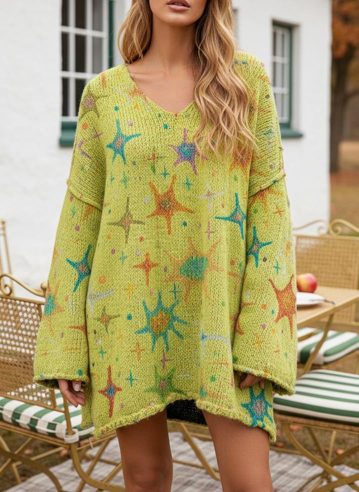 Womens Boho Floral Pattern Long Sleeve V Neck Sweaters Oversized Casual Loose Fit Lightweight Pullover Sweaters - Image 2