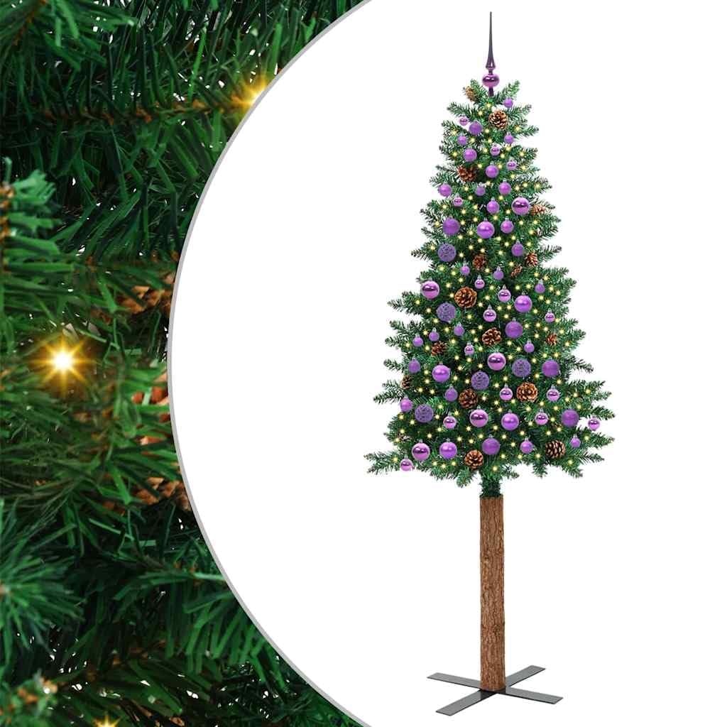 Albero di Natale Artificiale Sottile in PVC e Legno con 300 LED, Design Salvaspazio con Pigne e Palline, Albero di Natale con Luci Incorporate, Christmas Tree, Verde, 210 cm