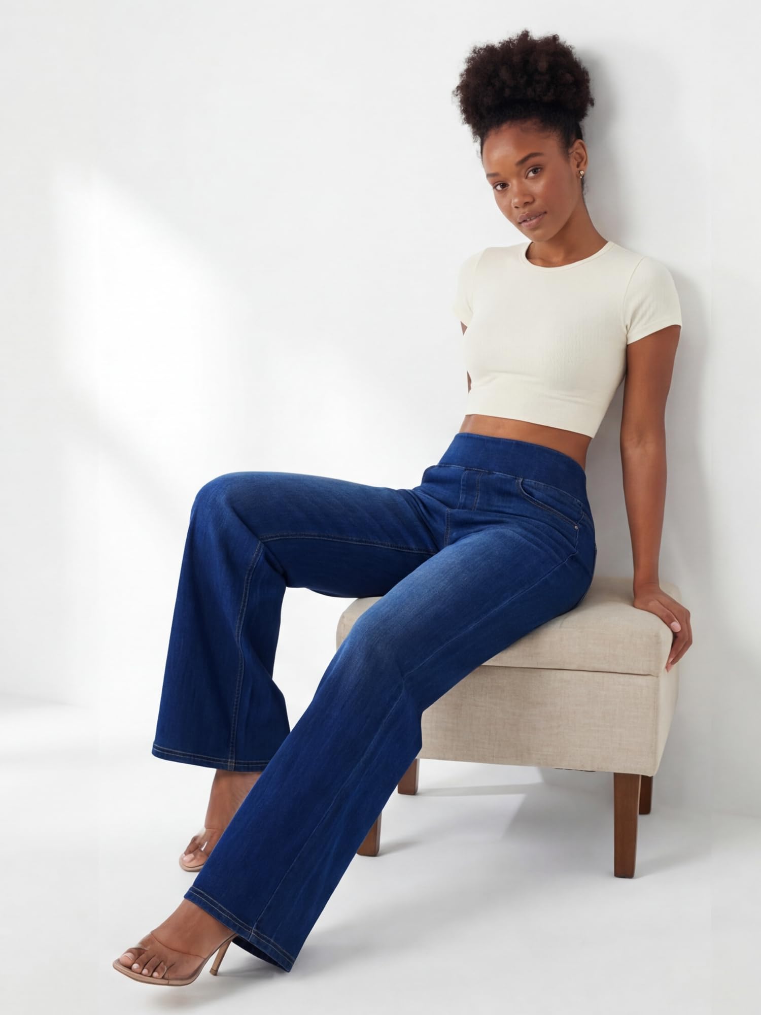 Baggy Jeans Damen, Pull On Wide Leg Jeans Mit Gummibund High Waist Stretch,Weites Bein Jeans Damen Mit 4 Taschen Y2K Hosen Damen