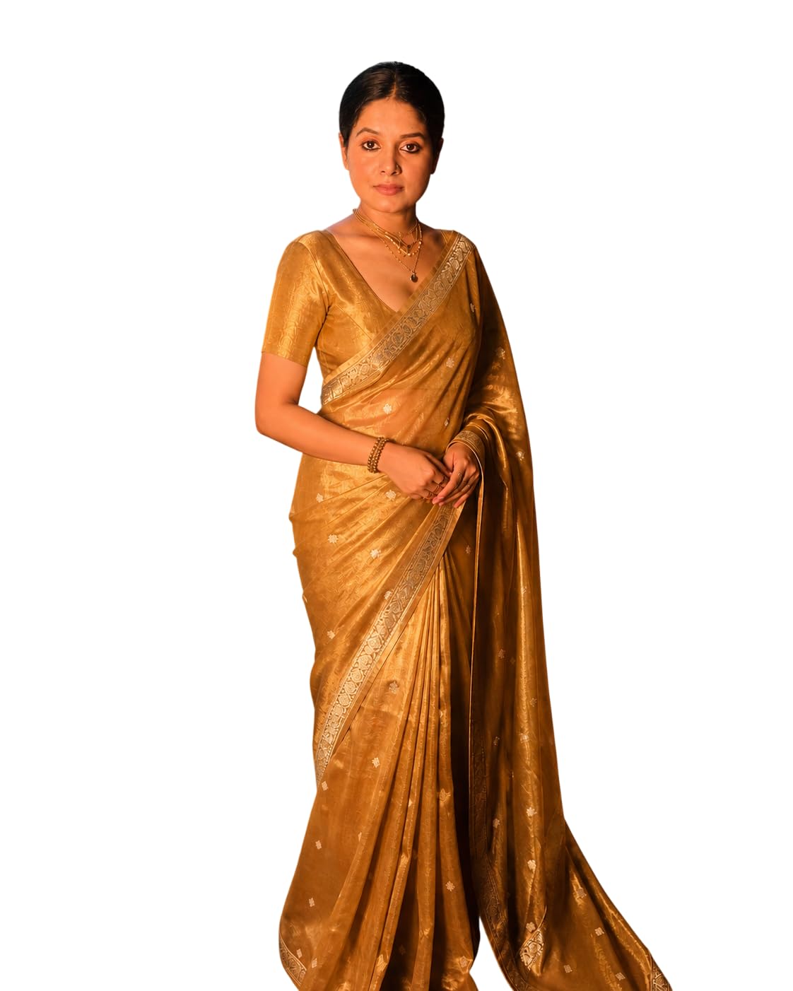 Soft Tissue Silk Saree 6.5 Mtrs with Blouse | Golden Yellow Chunri Booti Design | Soft & Flowy Elegant Ethnic Wear-image-43