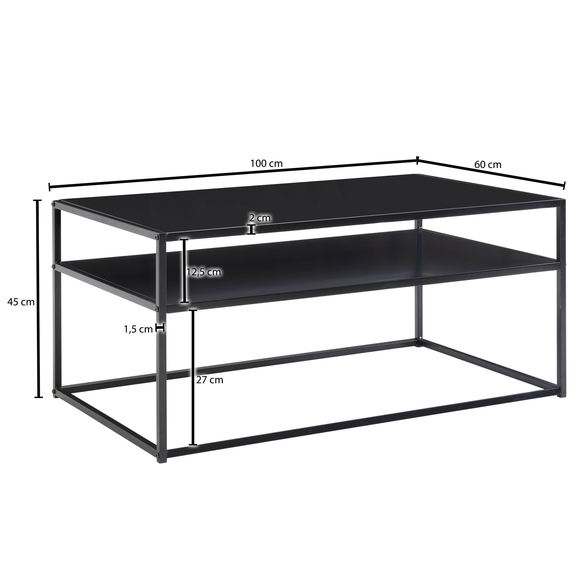 FineBuy Couchtisch 100x60x45 cm Metall Wohnzimmertisch Industrial Schwarz, Sofatisch Stahl mit Stauraum, Loungetisch mit Ablagefach, Kaffeetisch Beistelltisch Eckig
