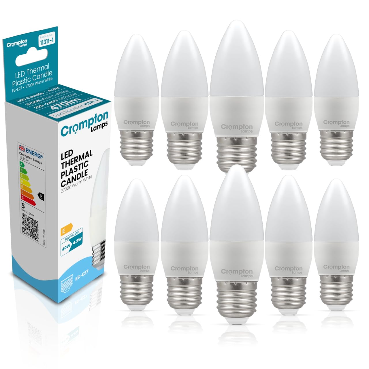 Crompton Lamps Candle LED E27 Bulb | 4.2W = 40W Equivalent | Warm White 2700K | Energy Efficient | Edison Screw Lightbulb | Long Life 25,000-Hrs | Bulbs for Lamps | 10-Pack
