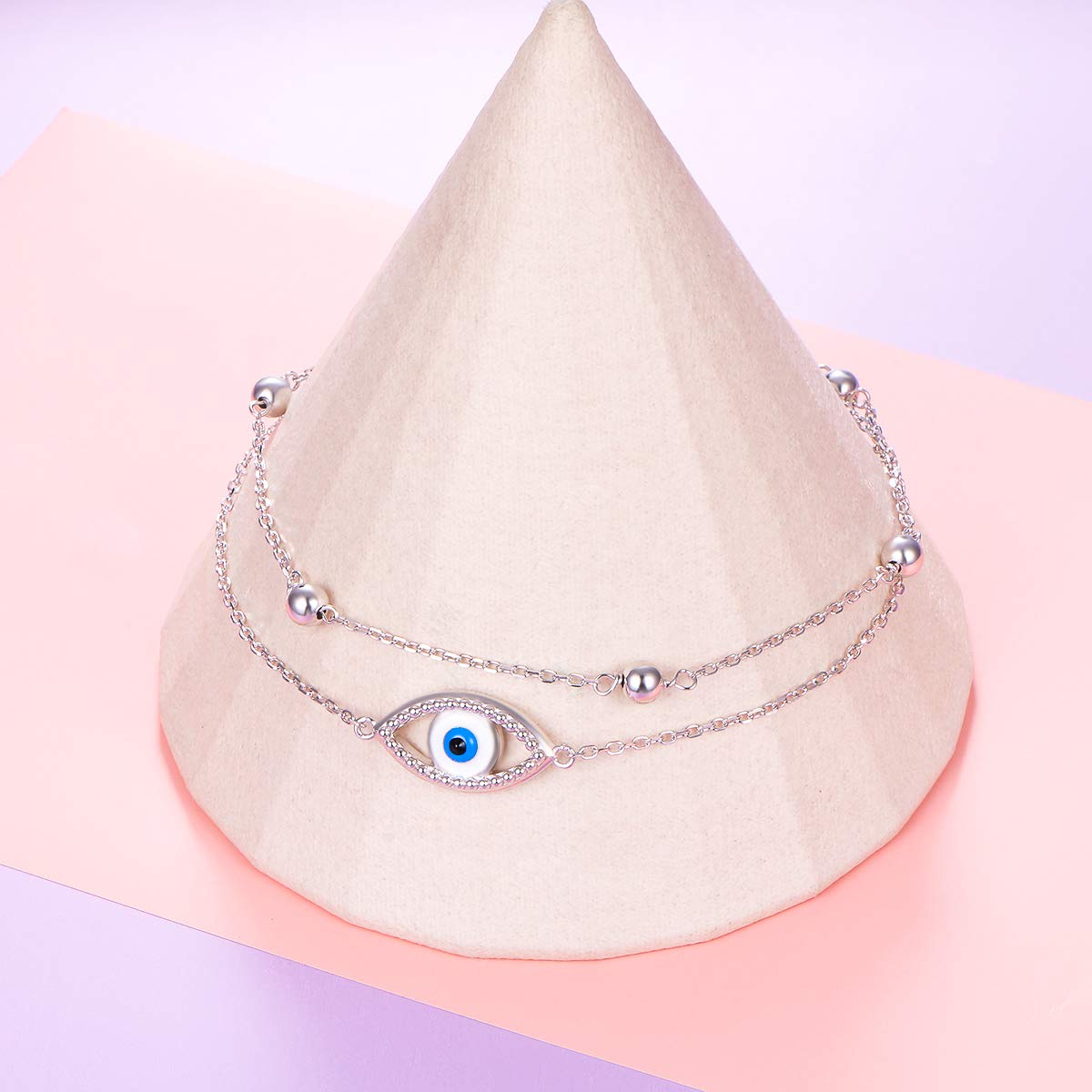 Cavigliera in argento sterling 925, con ciondoli a forma di occhio di Allah e mano di Fatima/farfalla/croce/nodo celtico/cuore, per donne e ragazze, regolabile, 22,8-25,4-28 cm, Argento sterling,