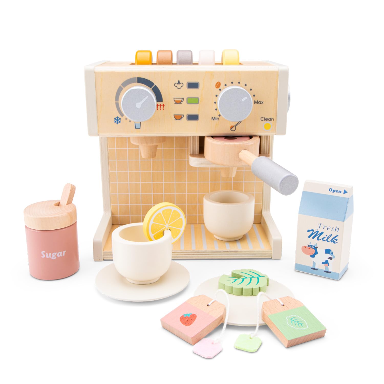 Woet® Jouet Machine à Café en Bois pour Enfants – Set Barista avec Lait, Sachets de Thé et Accessoires – Jouet de Cuisine FSC – À Partir de 3 Ans – Cadeau Filles et Garçons