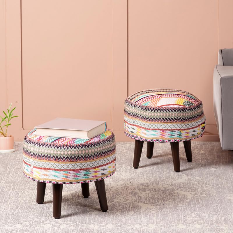 nestroots Set of 2 Wooden Ottoman Stools for Living Room | Printed Pouffes for Sitting, Foot Rest with 4 Wooden Legs | 14 Inch Height, Multicolor | Stylish Home Dcor Furniture-image-11