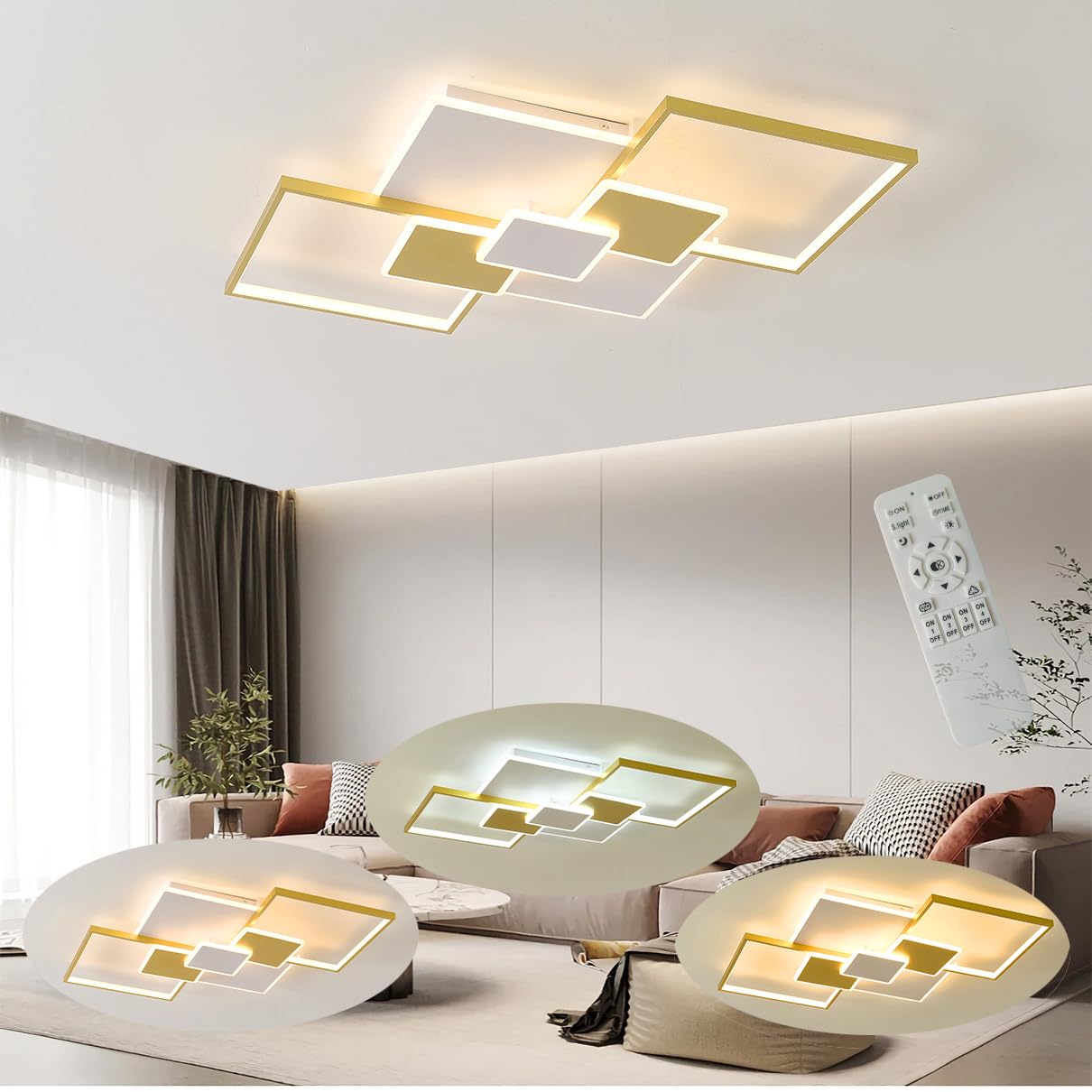 Lxysy Modern LED Living Room Ceiling Light Dimmable, Hall Light Black, Bedroom Ceiling Light Gold, Suitable for Living Room, Dining Room, Kitchen, Office(White + Gold, L90CM) — image 1