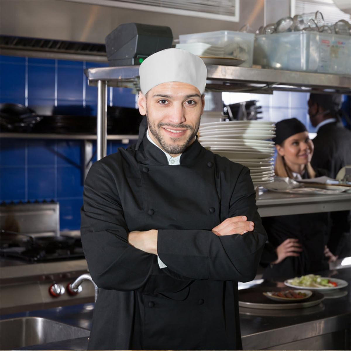 Amosfun 2pcs Unisex Chef Hats Cooking Caps White Bakery Hats Food Service Kitchen Work Uniform