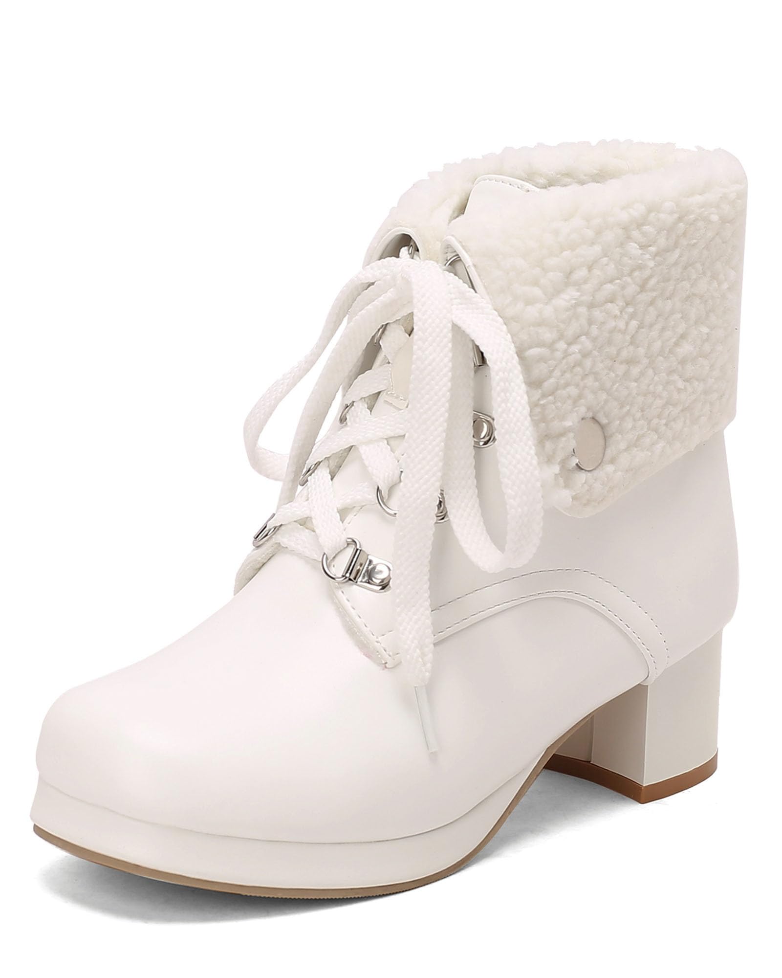 Bellirala Womens Fold Over Ankle Boots Lace Up Chunky Block Heels Furry Booties Cute Round Toe Kawaii Lolita
