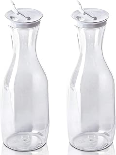 DecorRack 2 Large Water Carafes, Bottles with Flip Top Lid, 50 Oz Each, -BPA Free- Plastic Juice Pitcher, Decanter, Jug, S...