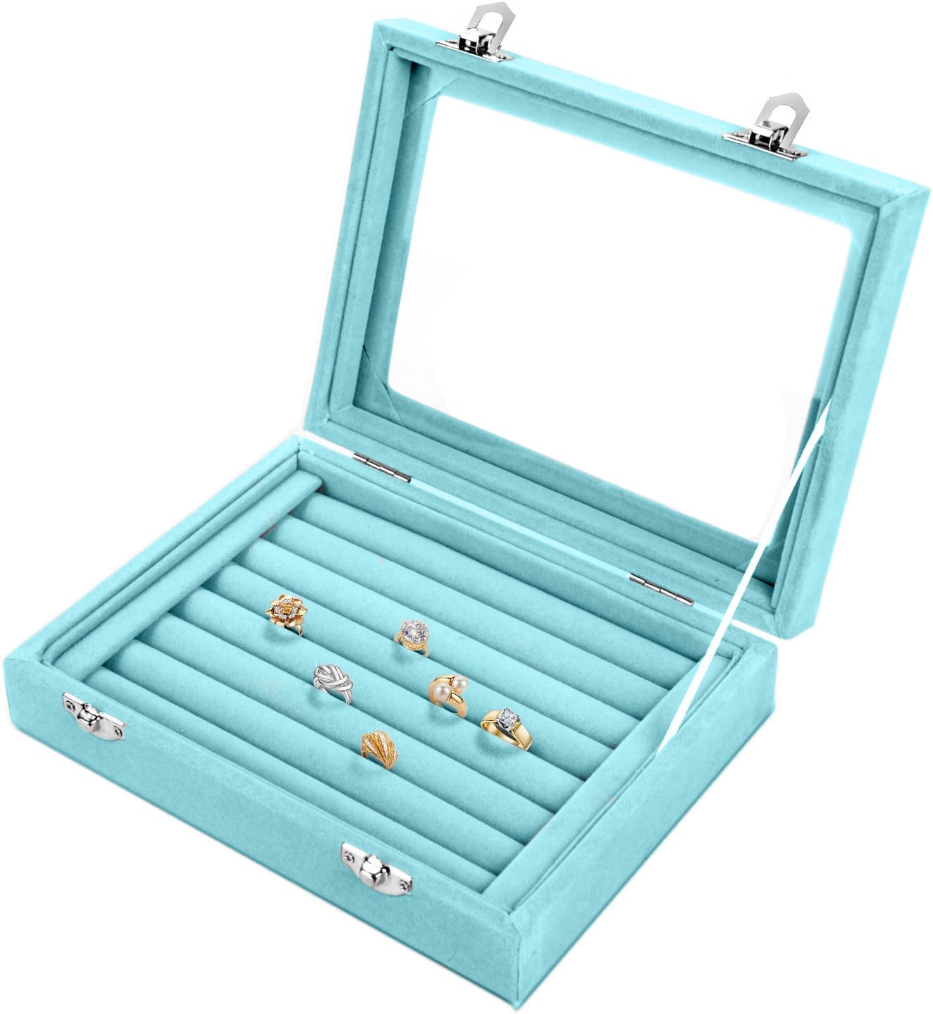 Basuwell Earring Storage 7 Slots Velvet Jewelry Tray for Drawers Glass Clear Lid Showcase Display Ring Organizer Earring Ring Trays Holder Cufflink Showcase (Light Blue)