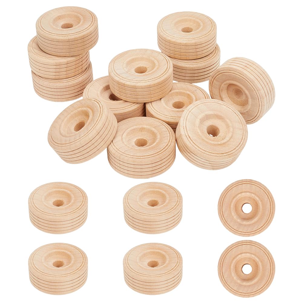 ORIGACH 18 Pcs 5cm Dia/1.97in Wooden Wheels, 2cm Thick Treaded Toy Wheels
