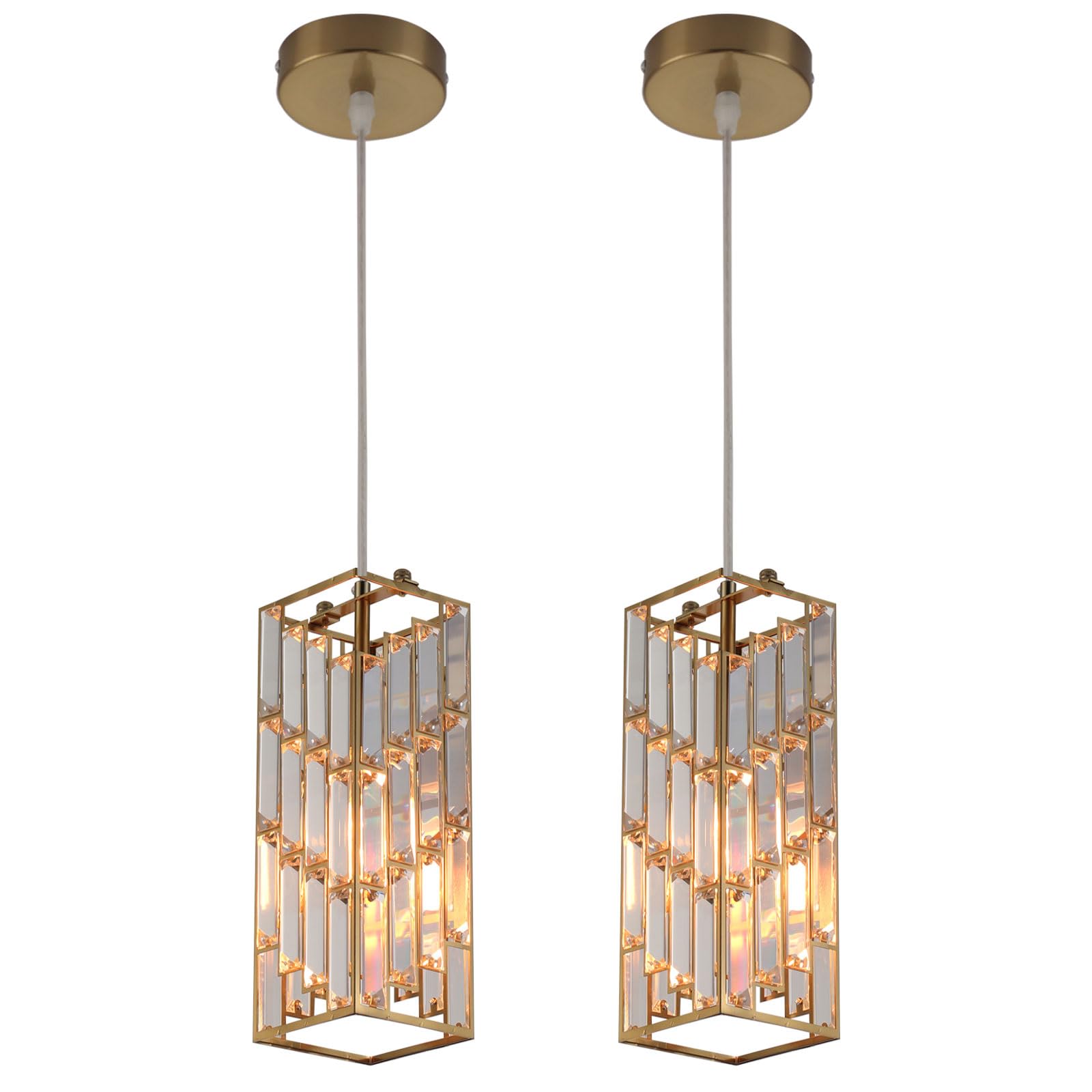 BHIAG Modern Crystal Pendant Light 2 Pack Hanging Lamps Small Chandelier Ceiling Lighting Indoor, Square Crystal Pendant Ceiling Lights for Kitchen Island, Dining Room, Bedroom