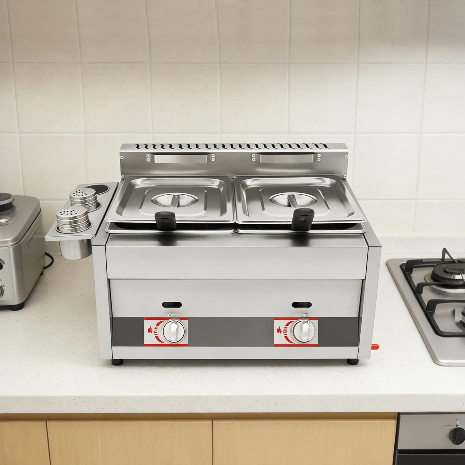 Friggitrice Professionale Doppia Vasca 12L, Friggitrice a Gas con 2 Bruciatori e Controllo Indipendente, Friggitrice per Ristorante Commerciale con Coperchi e Cestello Antiscottatura, Inox 430