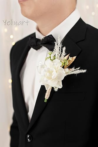 Miniatura 7 de Yelinart Juego de 6 flores de rosas artificiales blancas para boda, boda, novio, padrinos de boda, flores de rosas artificiales blancas para