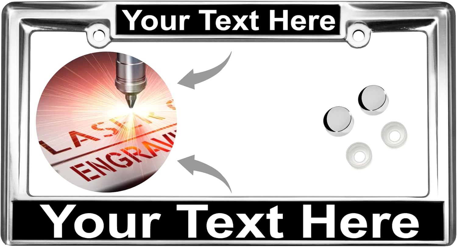 Heavy Duty Chrome Metal Personalized with Custom Text Design Laser Engraved Standard Size - Car/Automobile License Plate Frame with Free caps - White/Black (Qty: 1 Frame)