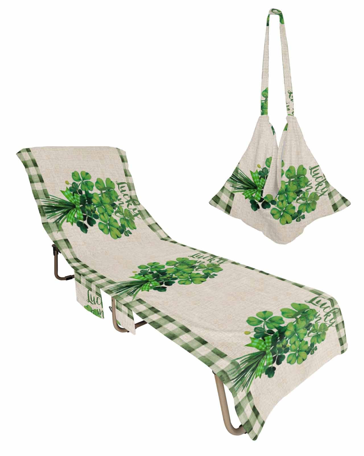 St. Patrick's Day Beach Lounge Chair Towel Cover, Soft Chaise Lounge Towel with Side Pockets Patio Pool Chairs Cover for Beach/Pool Sunbathing 29x85 Green Plaid Lucky Clovers Rustic