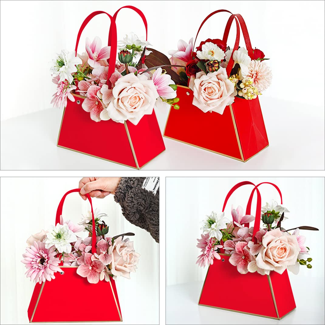 DIYBravo 4pcs Portable Kraft Paper Flower Gift Bags Flower Box Bouquet Bags Waterproof, Florist Box Supplies for Wedding Birthday Mother's Day Anniversary Party Event (red) - Image 3