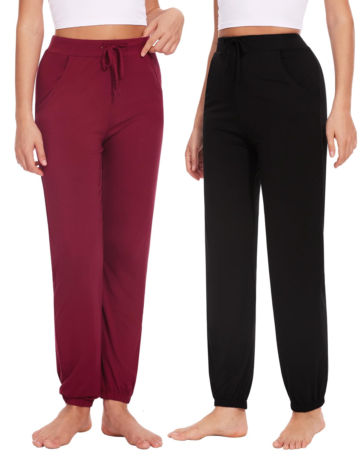 Knuffnee Damen Schlafanzughose Lang Pyjamahose Weiche Jogginghose Freizeithose mit Taschen 2 Pack