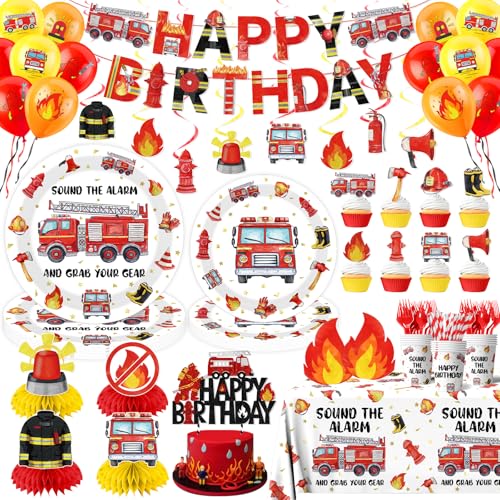 219pcs Firetruck Birthday Decorations Tableware Include Fire Truck Plates and Napkins Set Cups Banner Hanging Tablecloth Cake Topper Cupcake Topper for Firefighter Party Decorations Serve 24