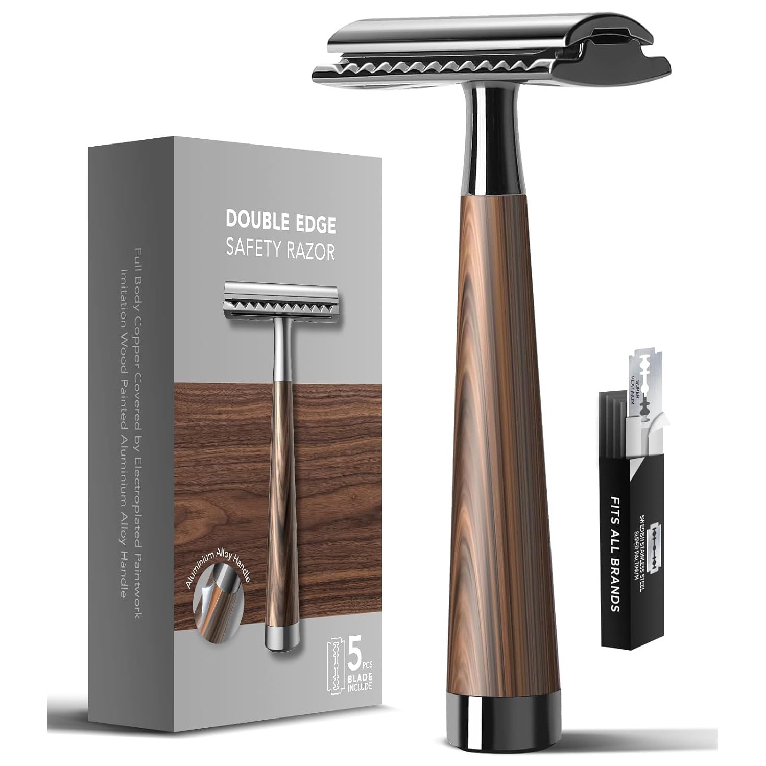 Double Edge Manual Razor, Safety Razor Set for Men Men Shaving Tools Faux Wood Zinc Alloy Handle Razor with 10 Swiss Stainless Steel Blades