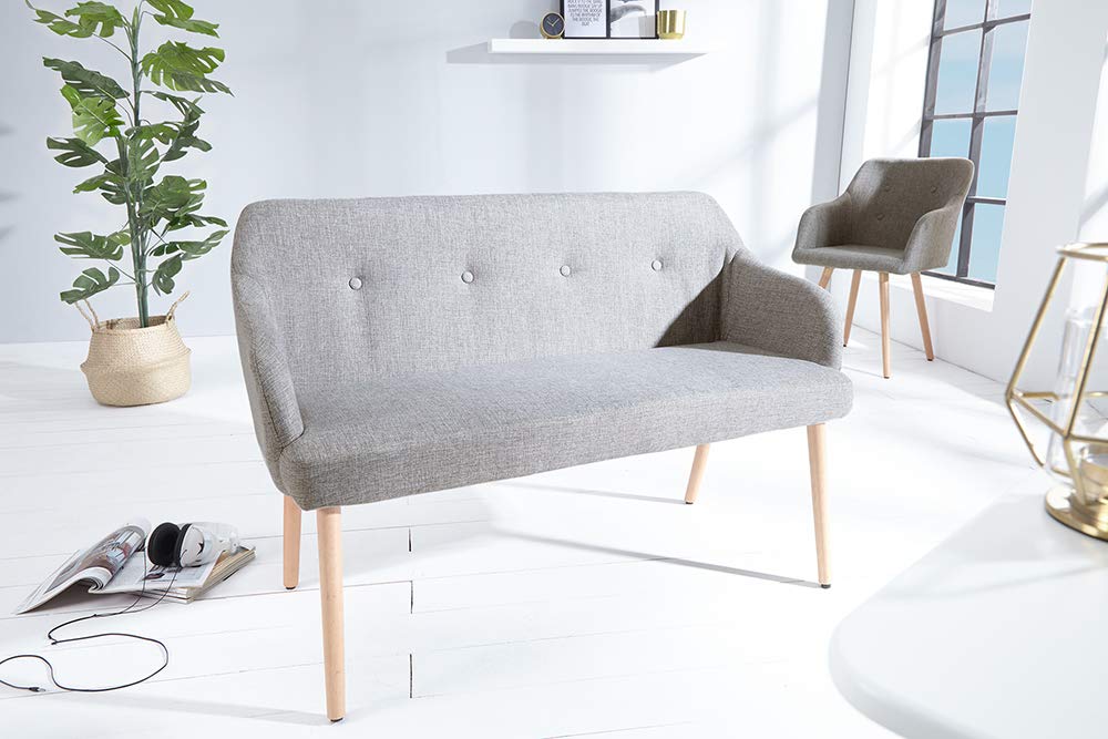 invicta INTERIOR Design Sitzbank Scandinavia hellgrau mit Armlehne Bank Buche Gestell im Retro Trend