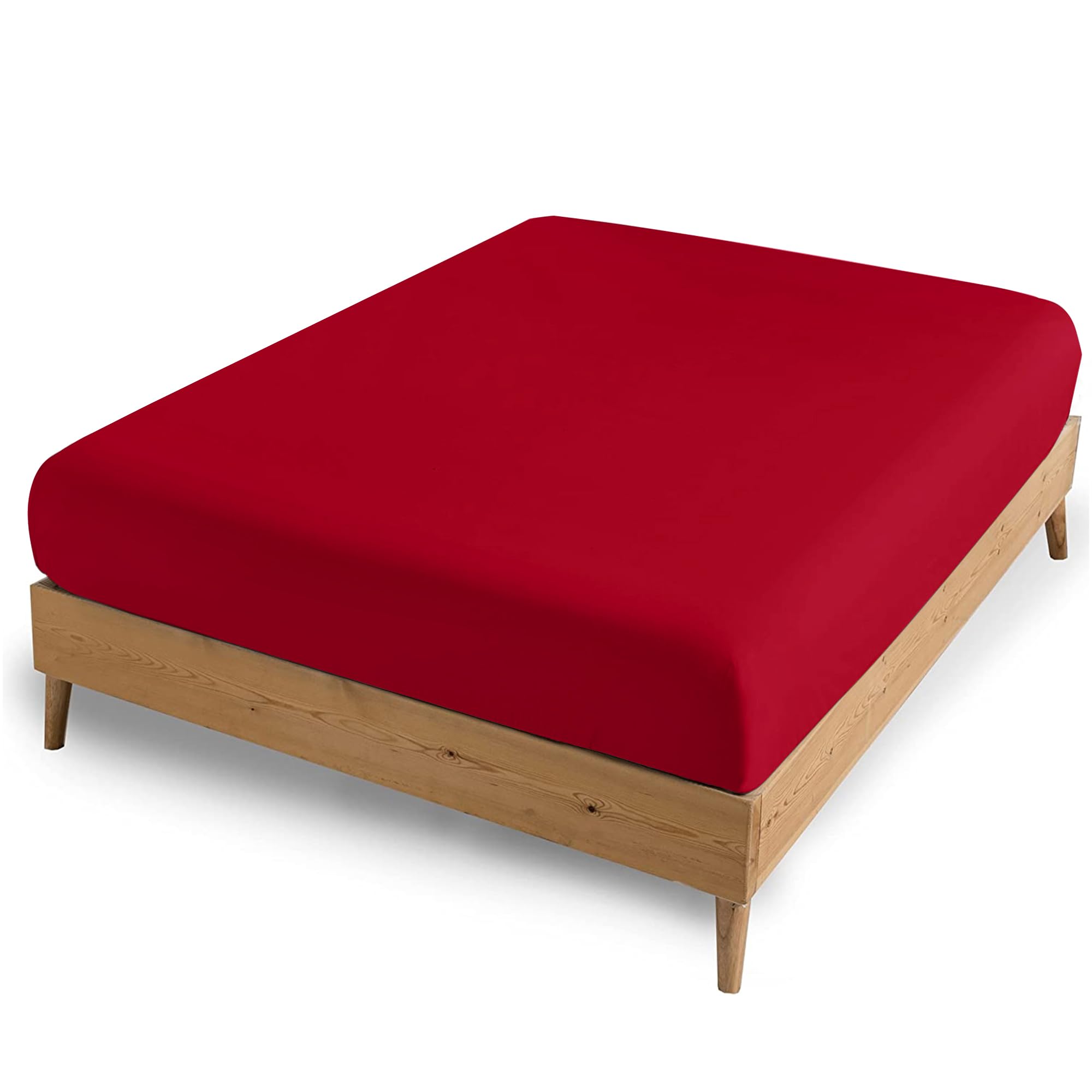 AMEHA Double Fitted Sheet - Red Bed Sheets Extra Deep Pocket 16 inch (40 cm) Soft Brushed ...