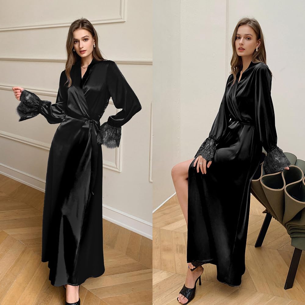 SXHEYUY Robe de chambre en satin pour femme à manches longues, en soie, légère et douce, robe de bain pleine longueur, peignoir en dentelle