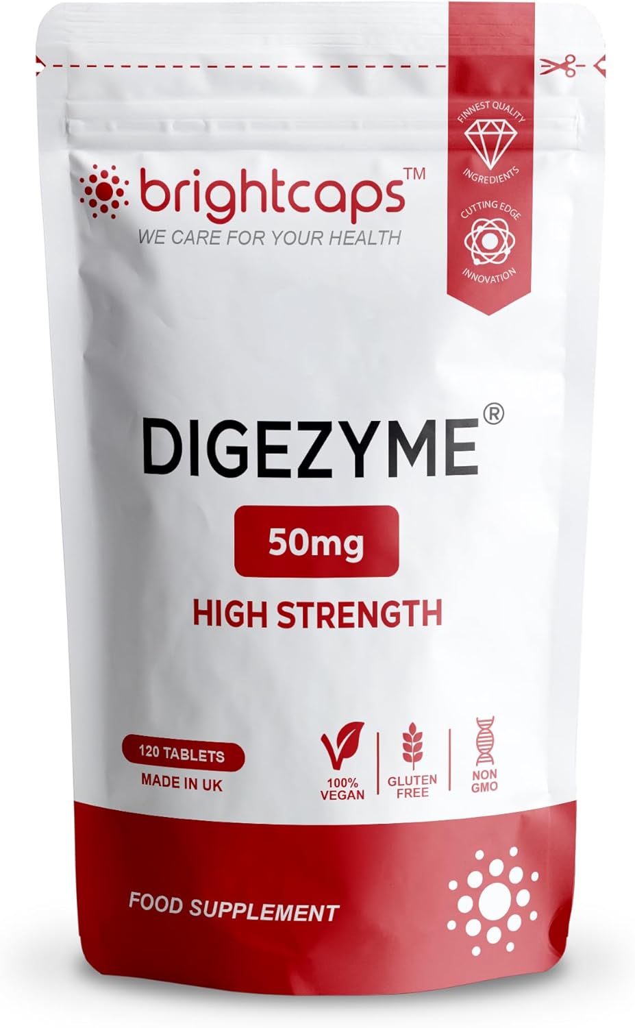Digestive Enzymes 120 Tablets | Contains Digezyme, Amylase, Lactase, Lipase | Gut Health & Digestion Support | Vegan | UK Made | GMP Approved | by Brightcaps