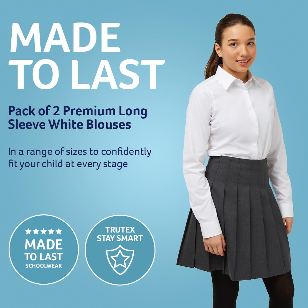 Trutex Basics - Paquete de 2 blusas escolares blancas de manga larga para niñas (3 a 16 años). Camisas escolares ajustadas, camisas blancas para niñas, blusas escolares fáciles de planchar - Uniforme