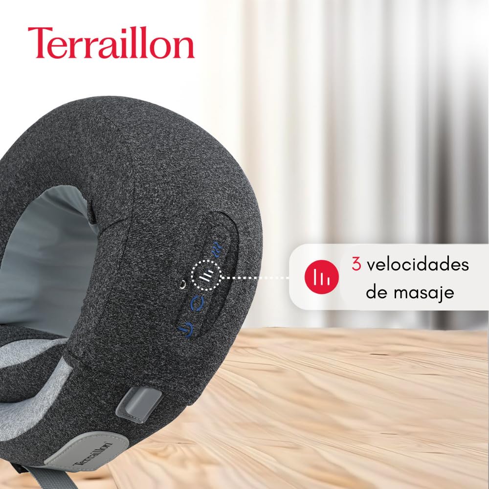 TERRAILLON – NECK MASSAGER, Cojín masaje cuello y cervical, relajante, reducción de tensiones, antiestrés, 3 velocidades de masaje, 2 direcciones de rotación, opción calefactora, correa ajustable,