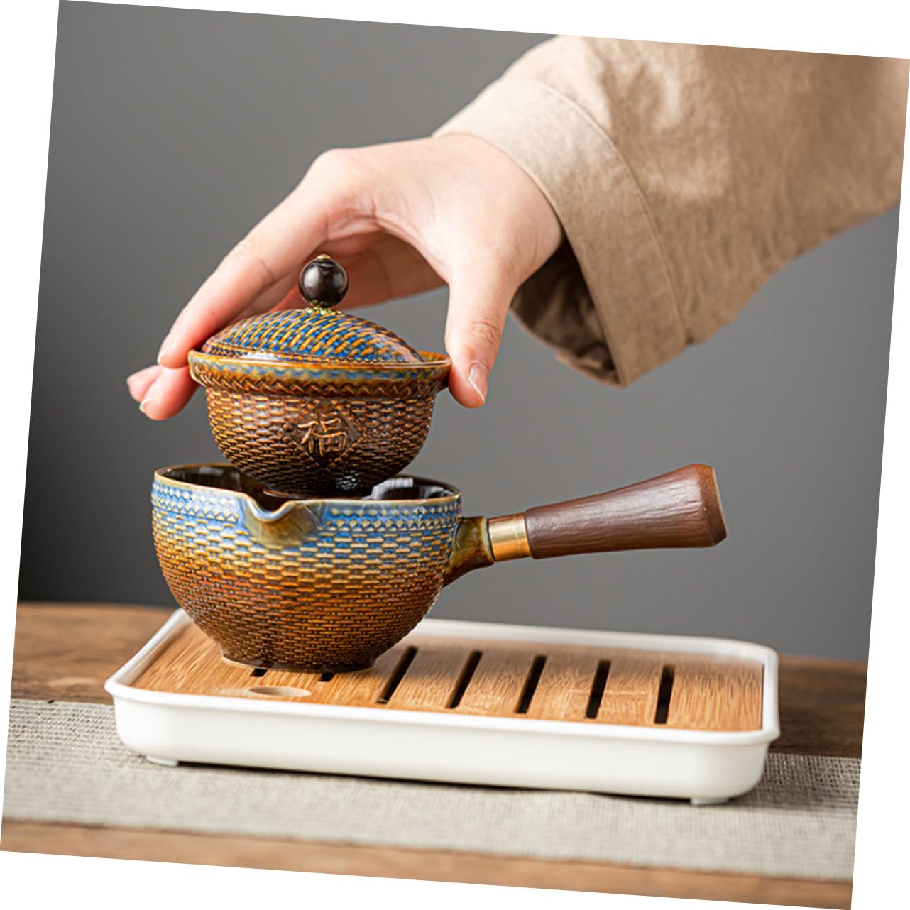 Mipcase Juego de Té y Material Bambú de Cerámica Portátil Diseño Elegante Adecuado para Viaje y Uso en Casa para Aficionados al Té