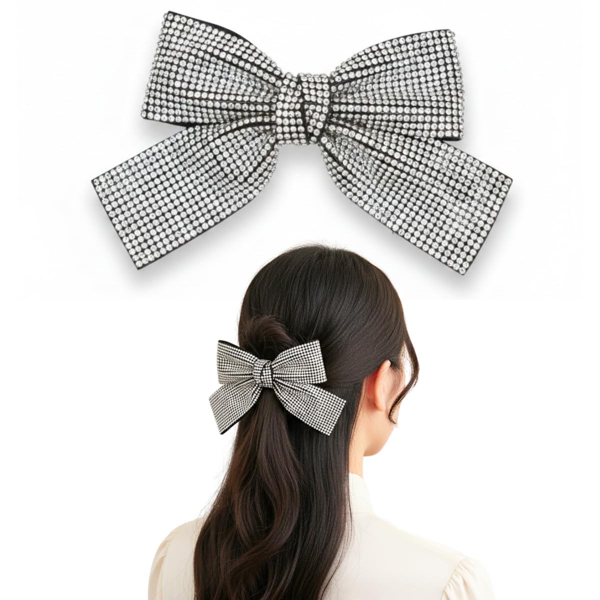 Elegant Rhinestone Embellished Party Bow Hair Pin Clip for Girls & Women | Long Tail Ribbon Bowknot Barrette Alligator Clips | Western Bun & Open Hair Accessory(1pc)-image-45