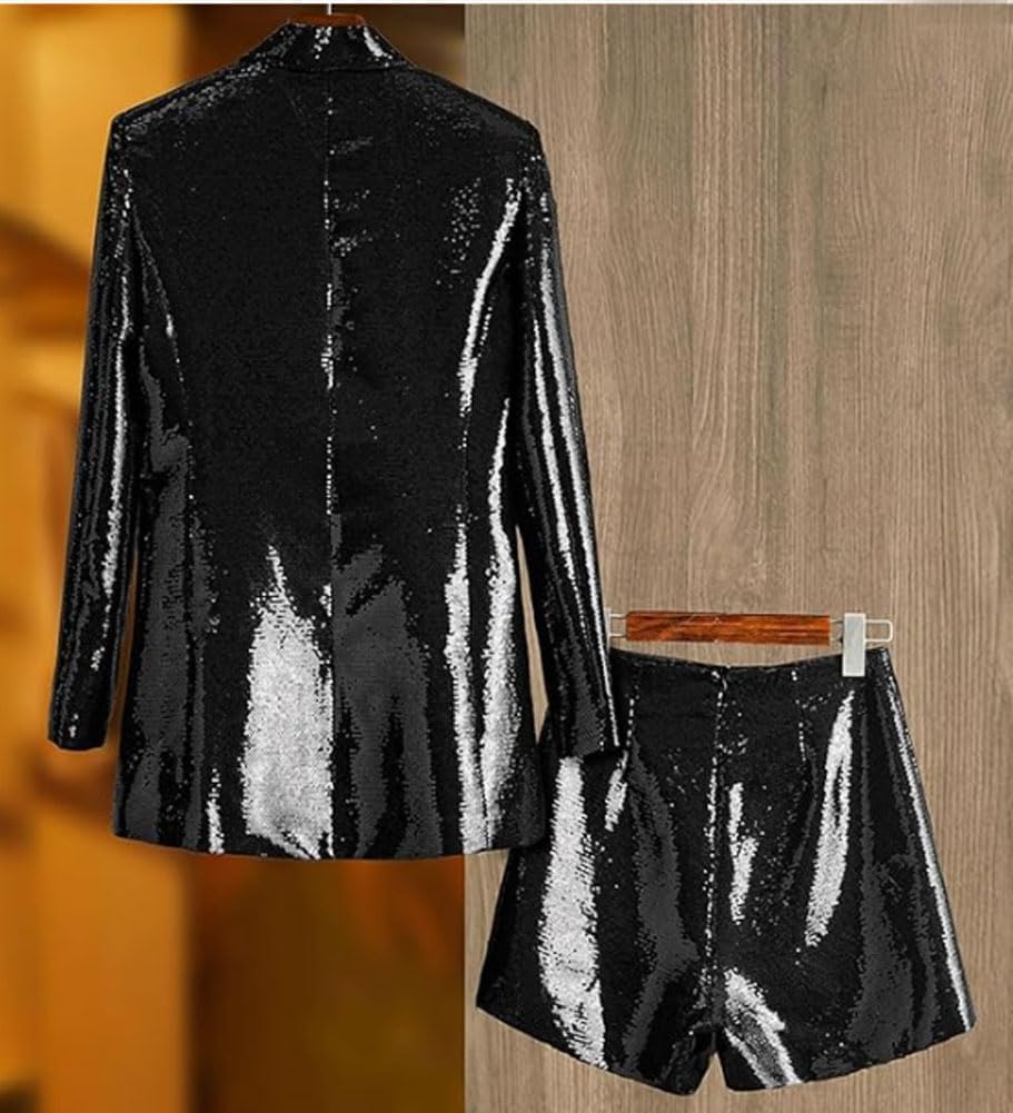Sequin Blazer and Short Set for Women 2 PC Slim Fit Notch Lapel Prom Party Suit Women's Glitter Suit - Image 3