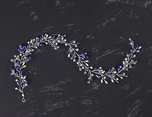 Jumwrit Boda cristal pelo vid plata nupcial diadema con perlas de diamantes de imitación azul boda boda novia damas de honor accesorios para el