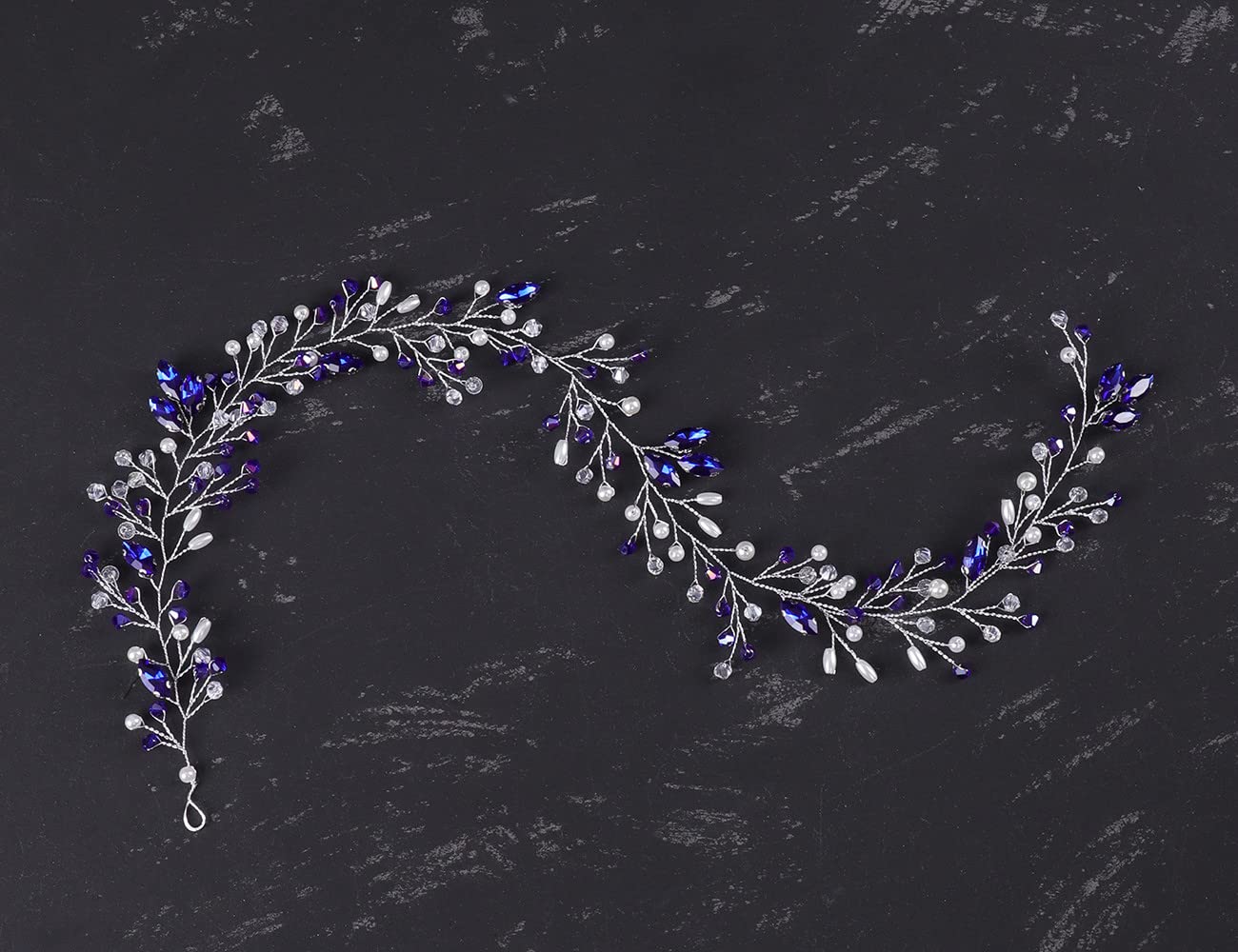 Jumwrit Wedding Crystal Hair Vine Silver Bridal Headband with Blue Rhinestone Pearl Wedding Headpiece Brides Bridesmaids Hair Accessories