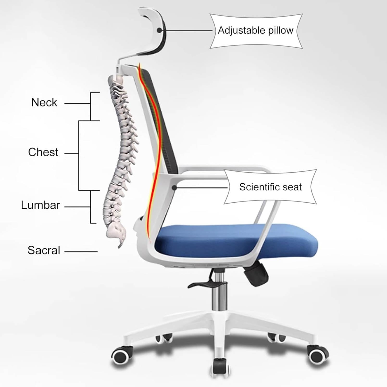 Ergonomiczne krzesło biurkowe z regulowanym zagłówkiem, podparciem lędźwiowym i oddychającą siatką, wygodne obrotowe krzesło do zadań biurowych i domowych