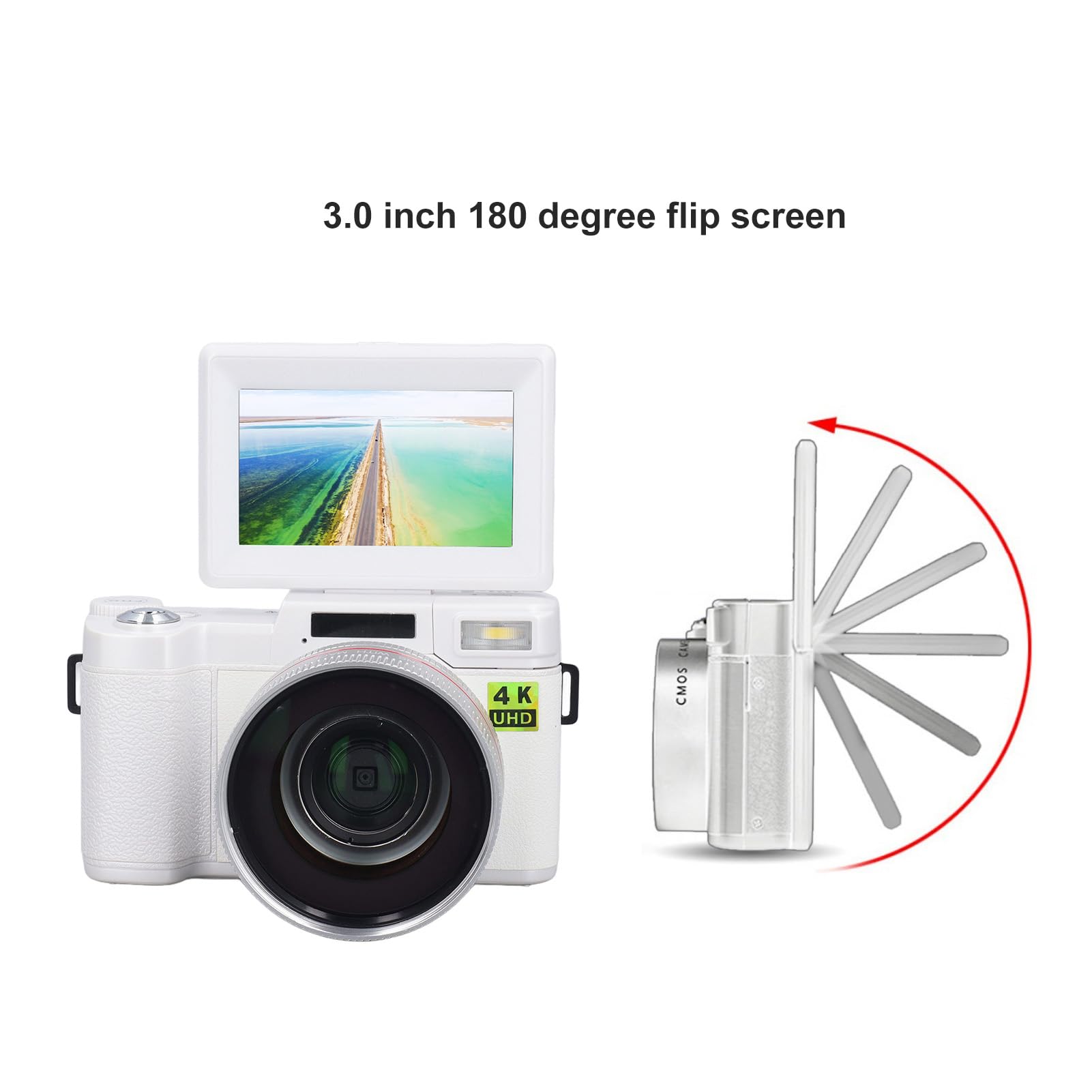 Cámara Digital 4K para Fotografía, Enfoque Automático, Cámara Vlogging de 48MP para Youtube con Pantalla Abatible de 3'' y 180°, Cámara de Viaje Compacta con Zoom Digital 4X y