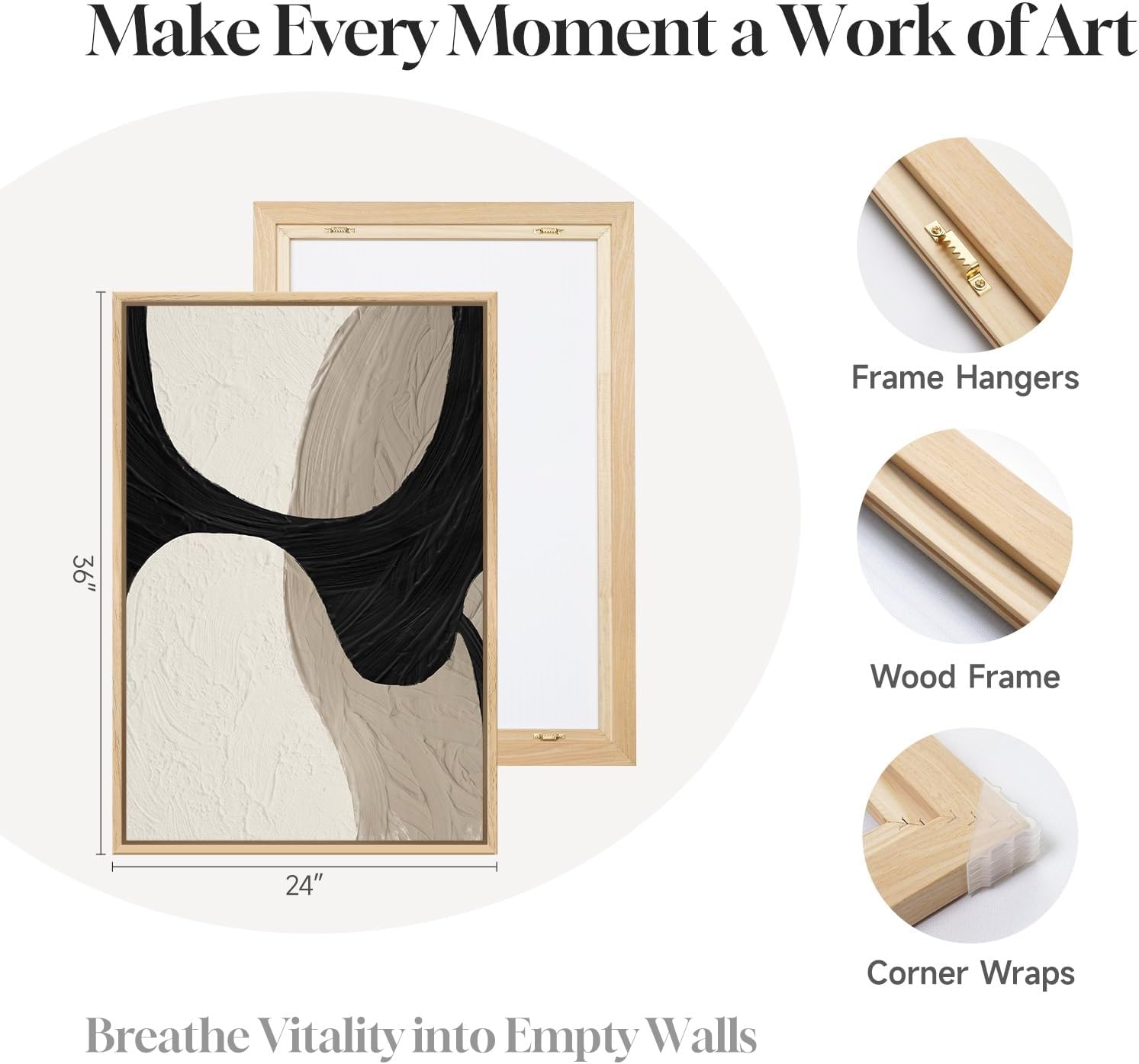 Large Framed Neutral Abstract Wall Art for Living Room, 3 Piece Black and Beige Canvas Artwork for Walls, Abstract Modern Minimalist Painting Prints Wall Decor for Bedroom Dining Room Office, 24x36 In
