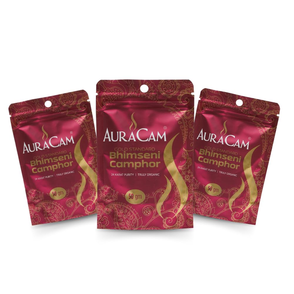 AuraCam Pure Bhimseni Camphor Pouch for Pooja, Hawan | Aromatic Kapooram | 100% Pure Camphor | Pure & Natural Pacha Kapur | Camphor for Pooja | Bhimseni Camphor Pouch (Pack of 3, 50 g)