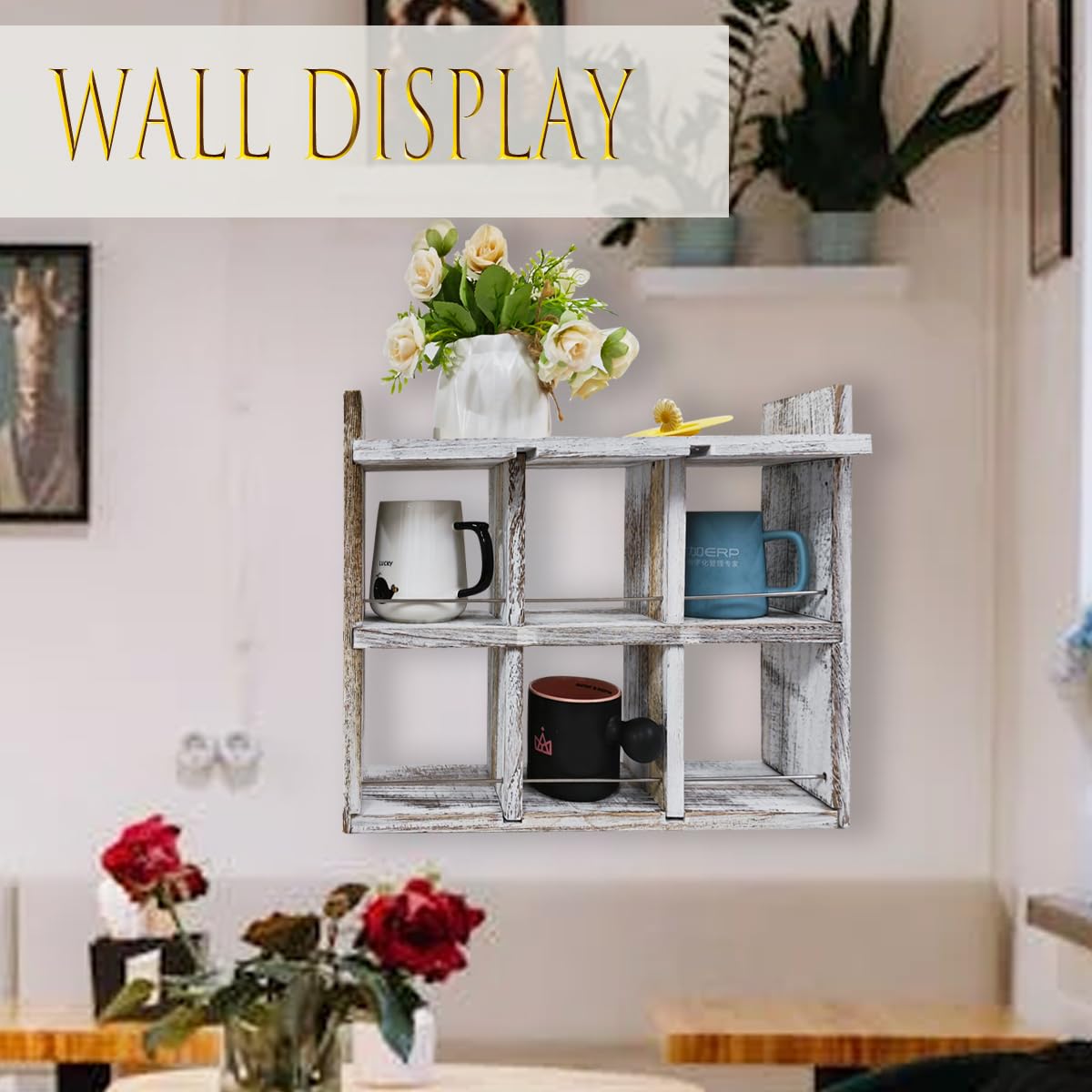 YIYUESHIJIU Coffee Mug Display Rack?Wooden Mug Cup Holder Shadow Box Shelf Wall Mounted Cup Shelf Mug Display and Organizer with Dustproof top Plate (Old White)