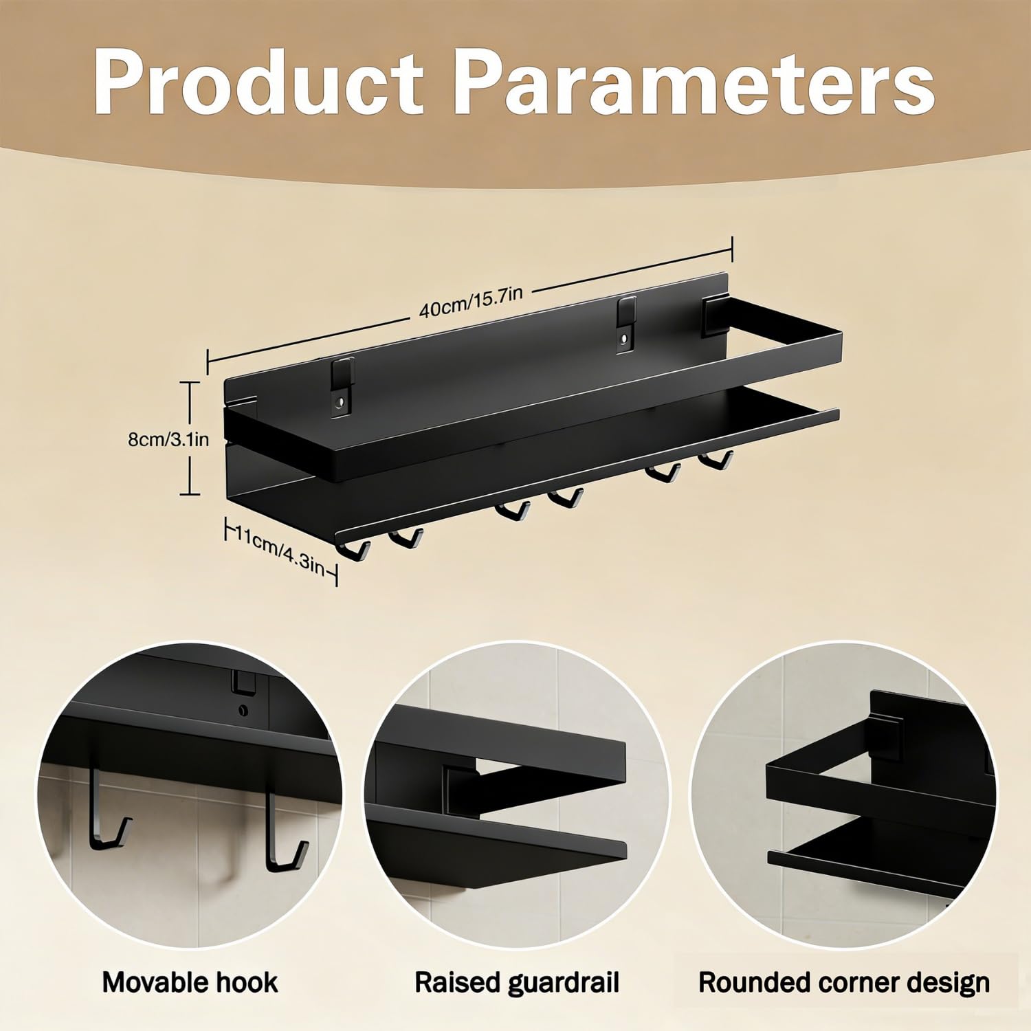 Paquete de 2 especieros de pared de 40 cm sin taladrar, con 6 ganchos, estante de almacenamiento de cocina, organizador de baño, estante colgante para balcón, color negro