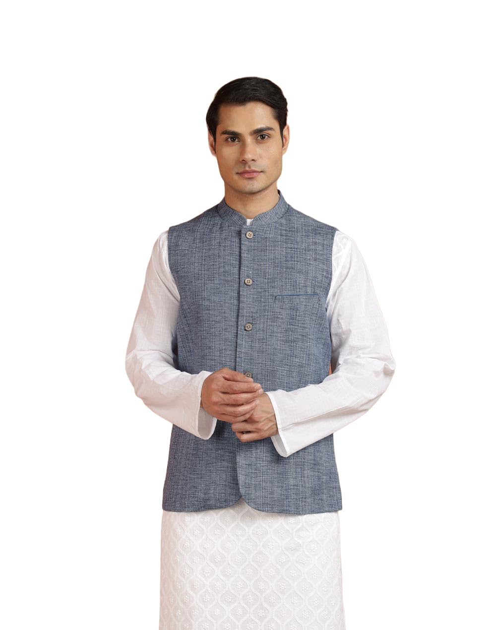 Blue Cotton Slim Fit Nehru Jacket-image-27