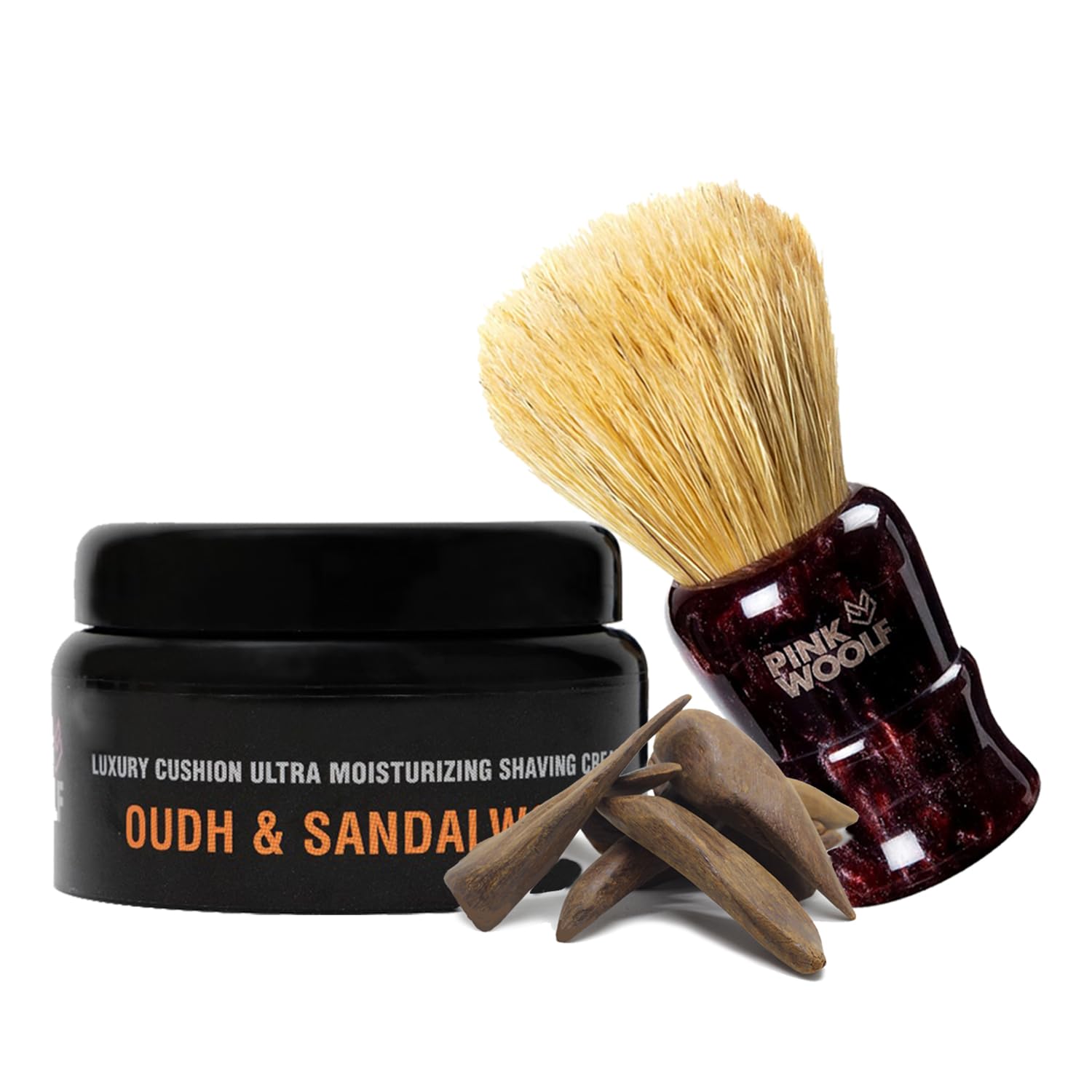 Pink Woolf Luxury Oudh & Sandalwood Shaving Cream & Boar Brush With Maroon Handle for Close, Comfortable Shave - Men's Kit (Combo Pack of 2, 200 Gram)