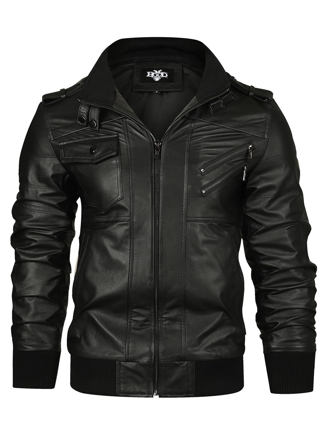 HOOD CREW Echtes Lederjacke Herren Rindsleder Bikerjacke Wintermäntel mit Kapuze für Herren