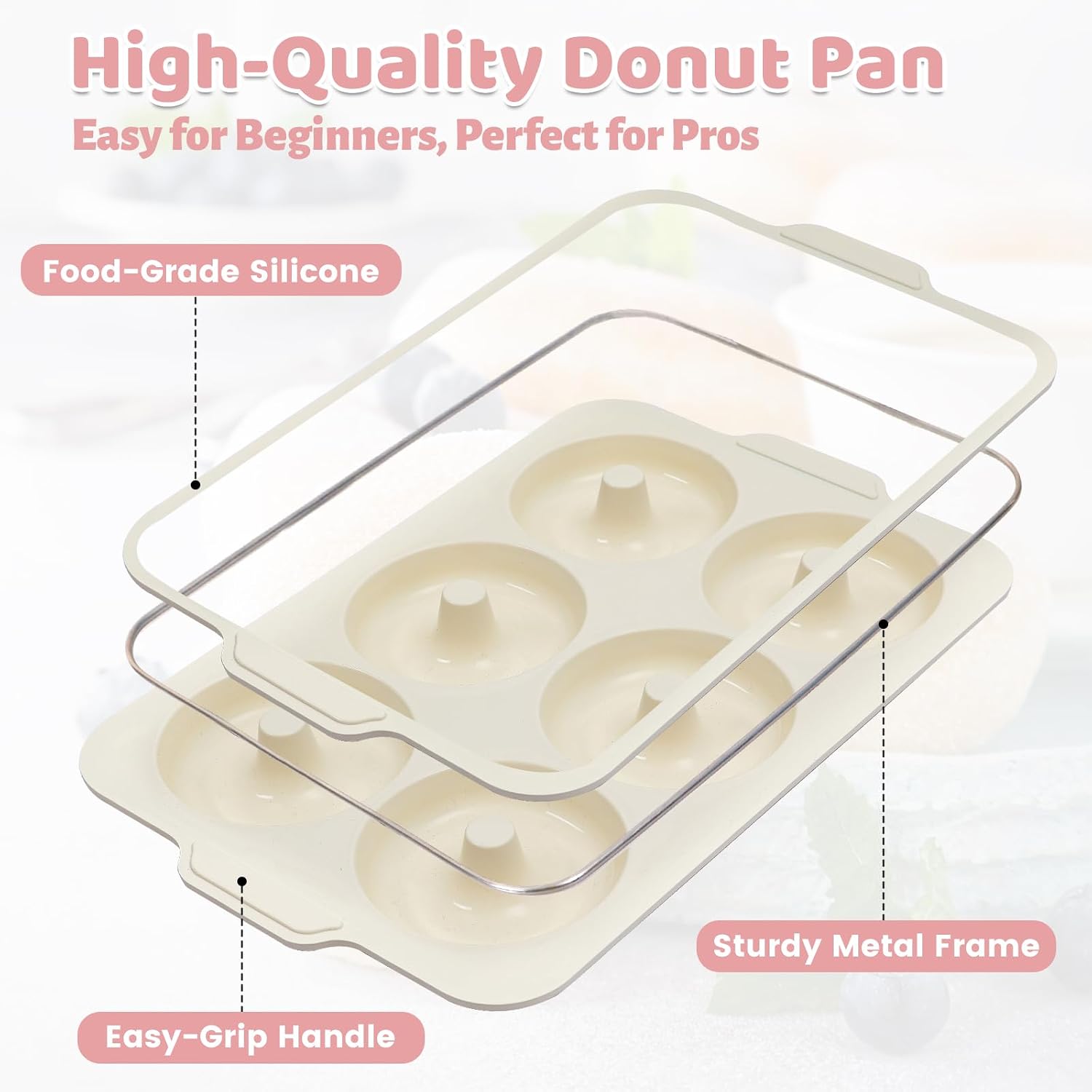 4 Inch Nonstick Silicone Donut Pan for Baking with Metal Frame, 1 Pack Large Donut Molds for Baking, 6 Cavity Doughnut Pan for Oven and Full-size Bagel Trays Non Toxic with Handle, (Beige)
