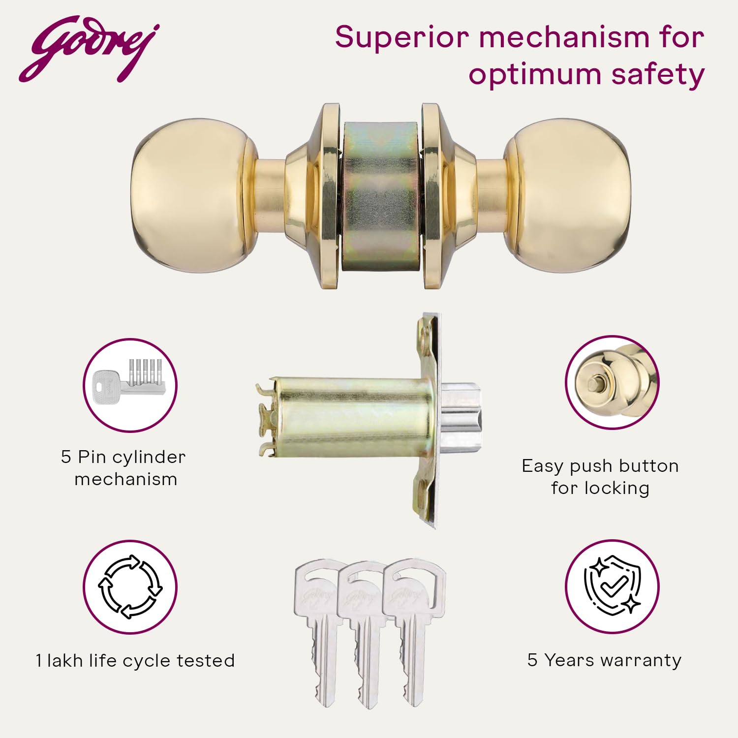 Godrej Cylindrical Lock | with 3 Keys | Classic Range |for Bedroom Doors, Internal Wooden Door | 6cm (60mm) Backset | Suitable for Left/Right Handed & Inside/Outside Opening |Brass Finish 2