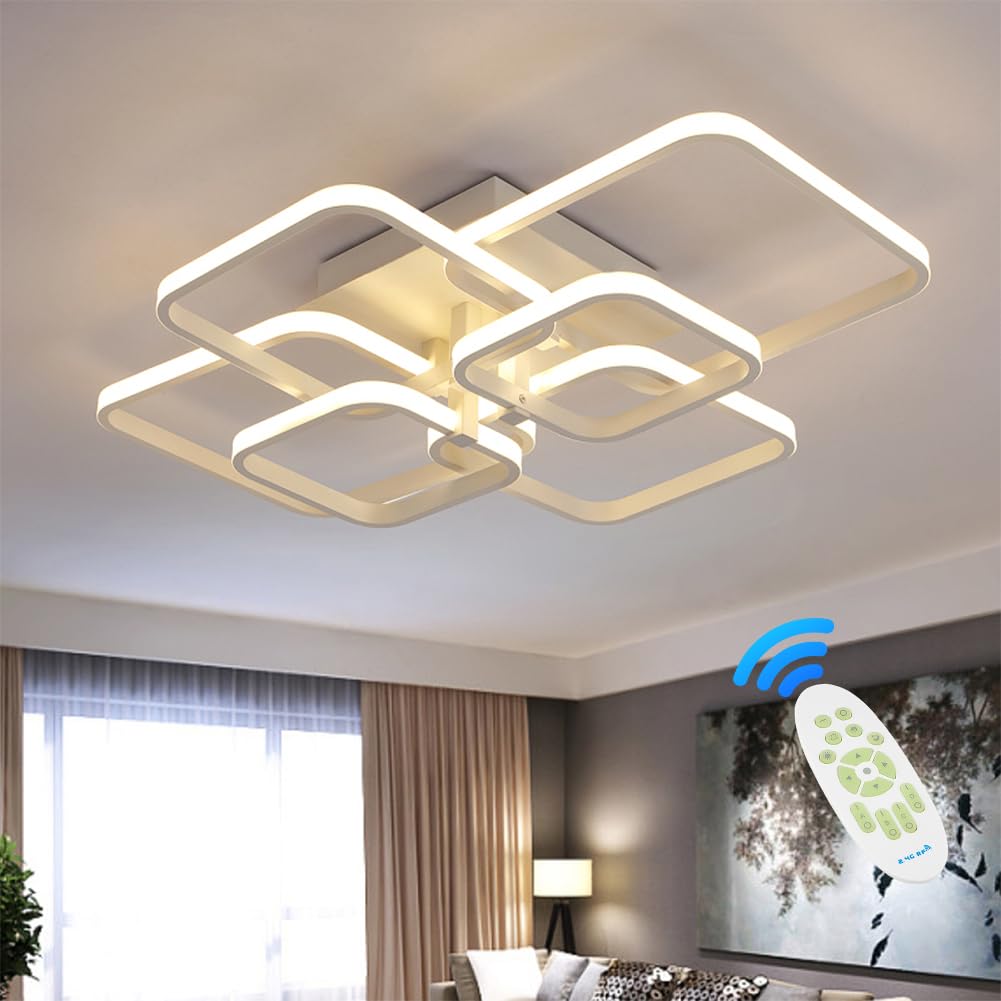 XEMQENERLED Dimmable Ceiling Lights with Remote, Chandelier Ceiling Light with 6 White Squares, Flush Mount Ceiling Lamp for Living Room Kitchen Office Bedroom Dining Room(2800k-6000k, 70W)